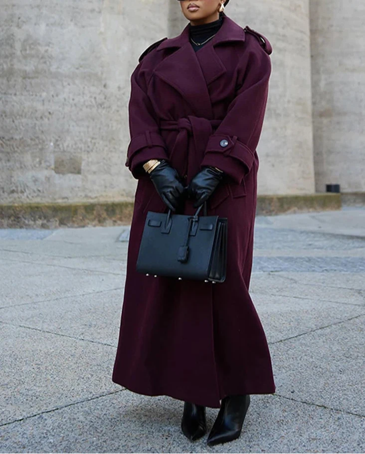 Burgundy Woolen Overcoat With Belt