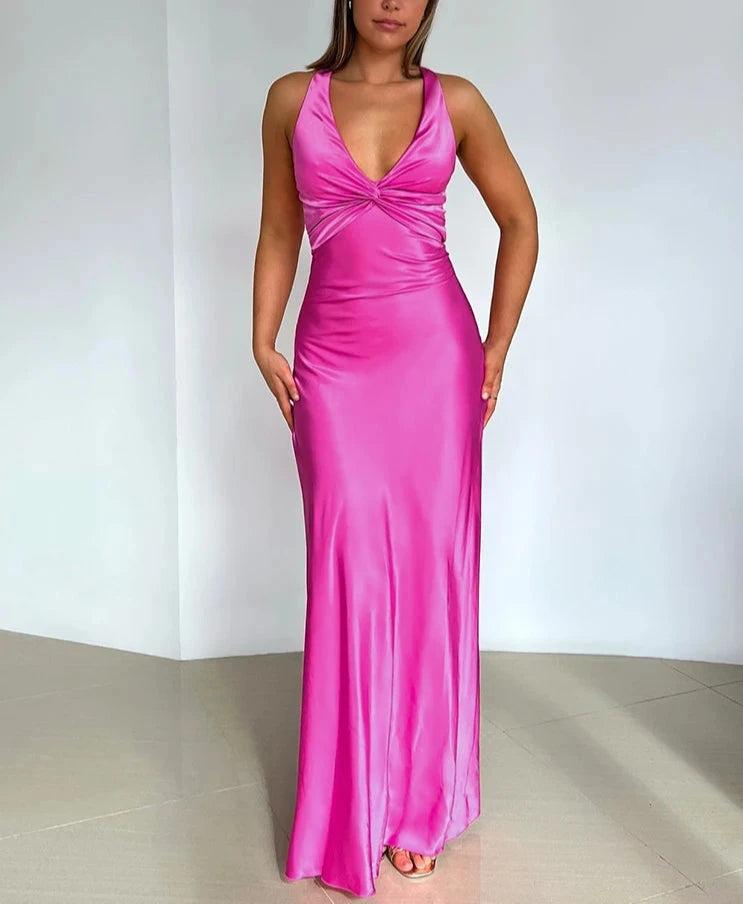 Satin Bow Backless  Maxi Dress