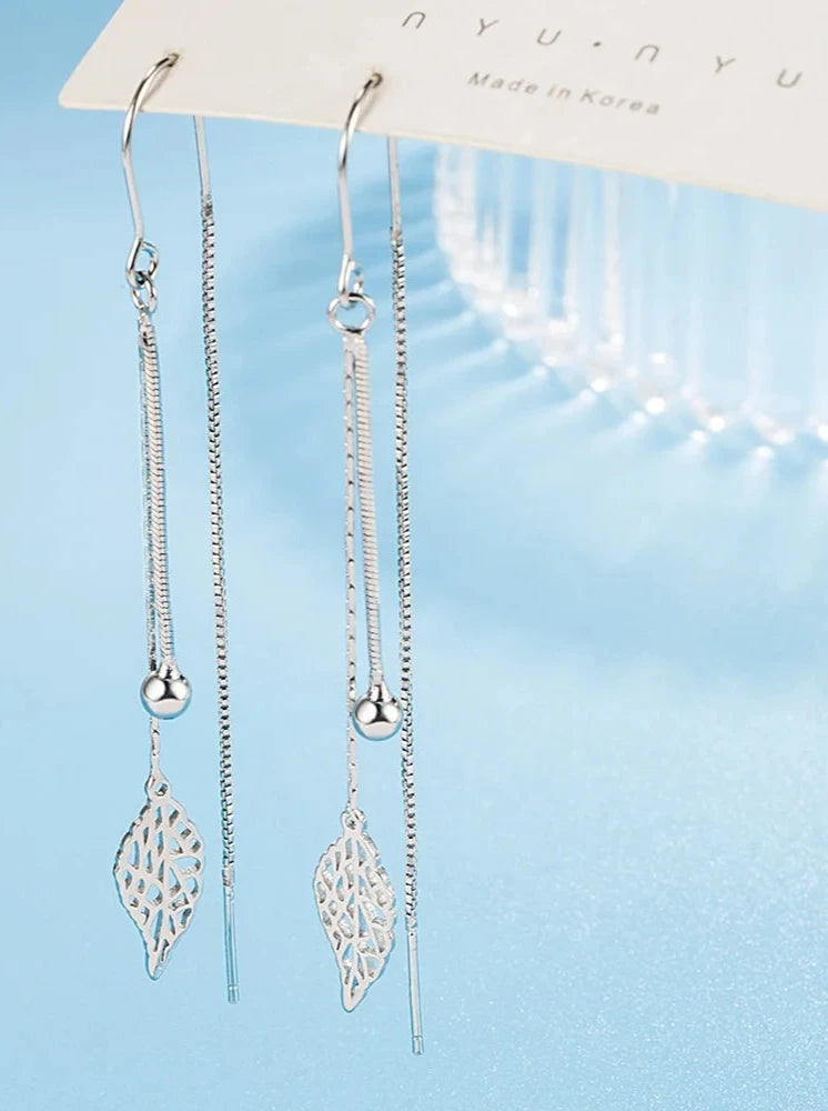 Silver Earrings  Leaf Tassel Long