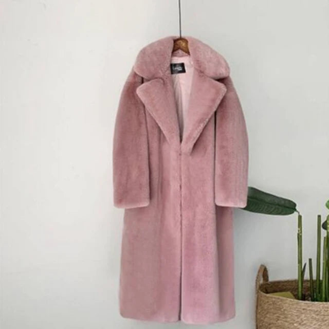 Long Faux Rabbit Fur Coat