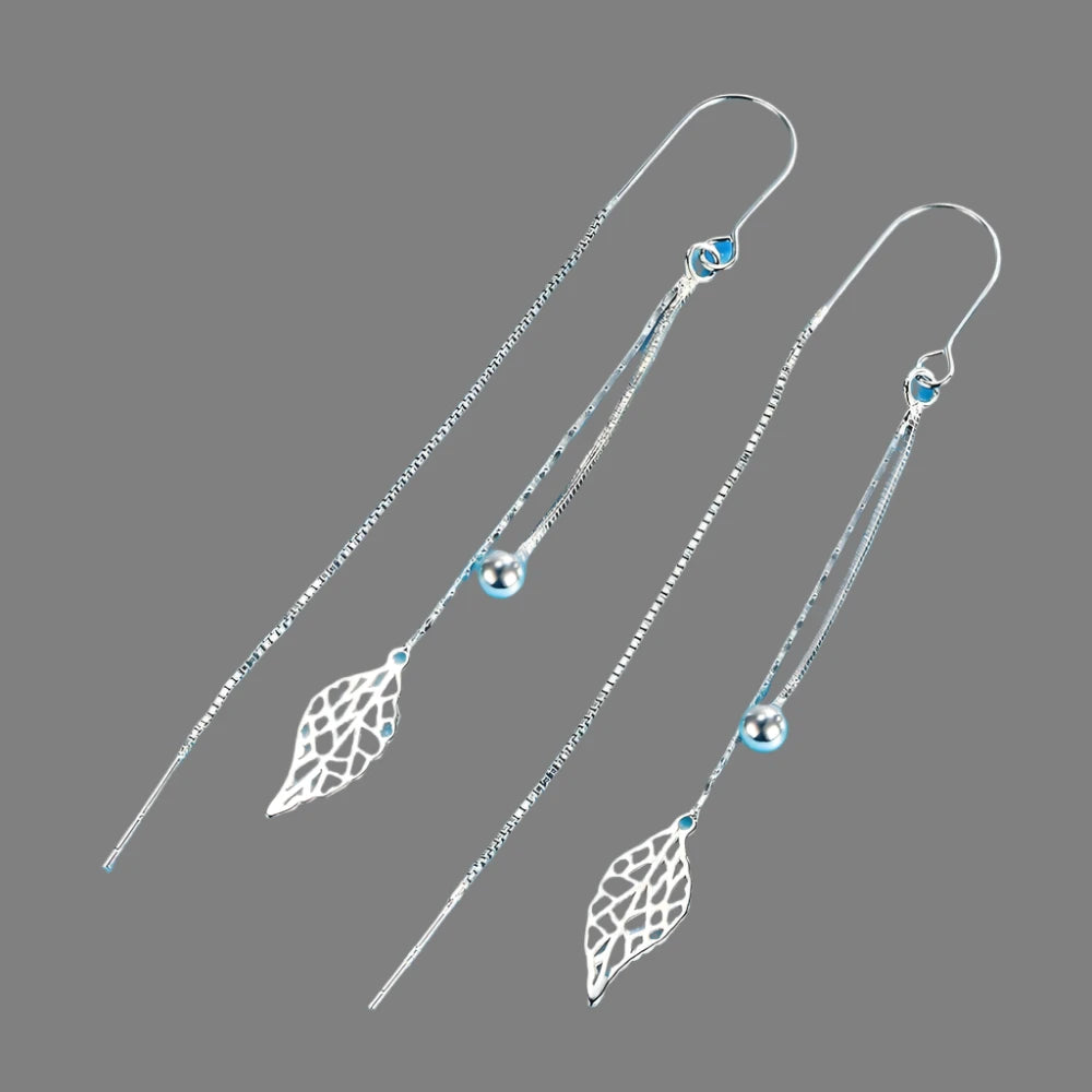 Silver Earrings  Leaf Tassel Long