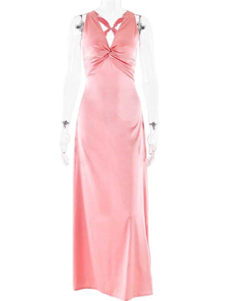 Satin Bow Backless  Maxi Dress