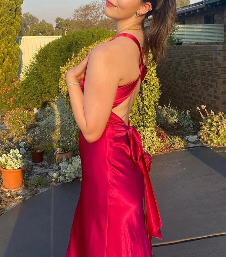 Satin Bow Backless  Maxi Dress