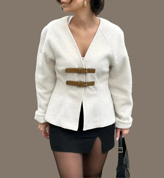 V Neck Long Sleeve Beige Jacket