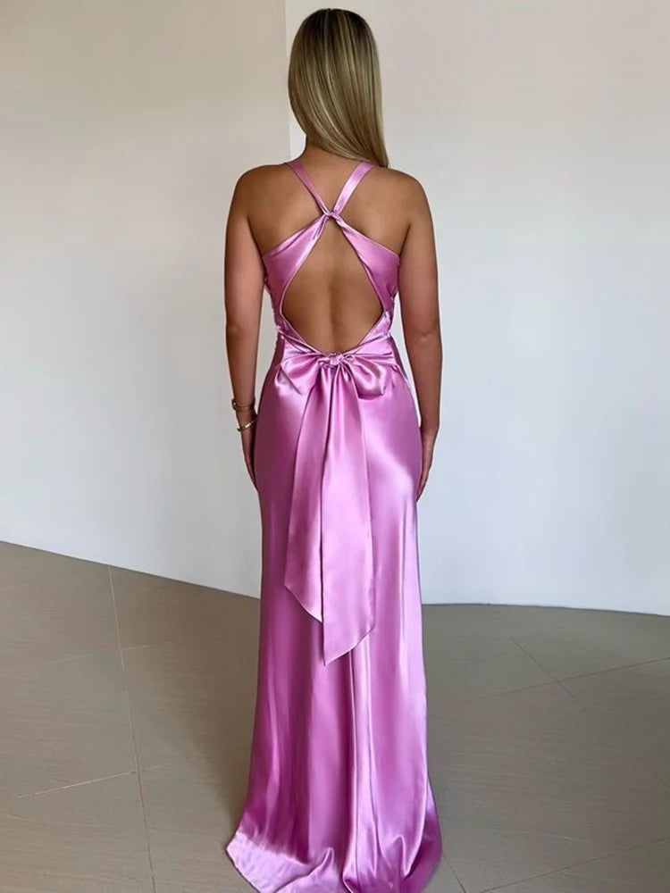 Satin Bow Backless  Maxi Dress