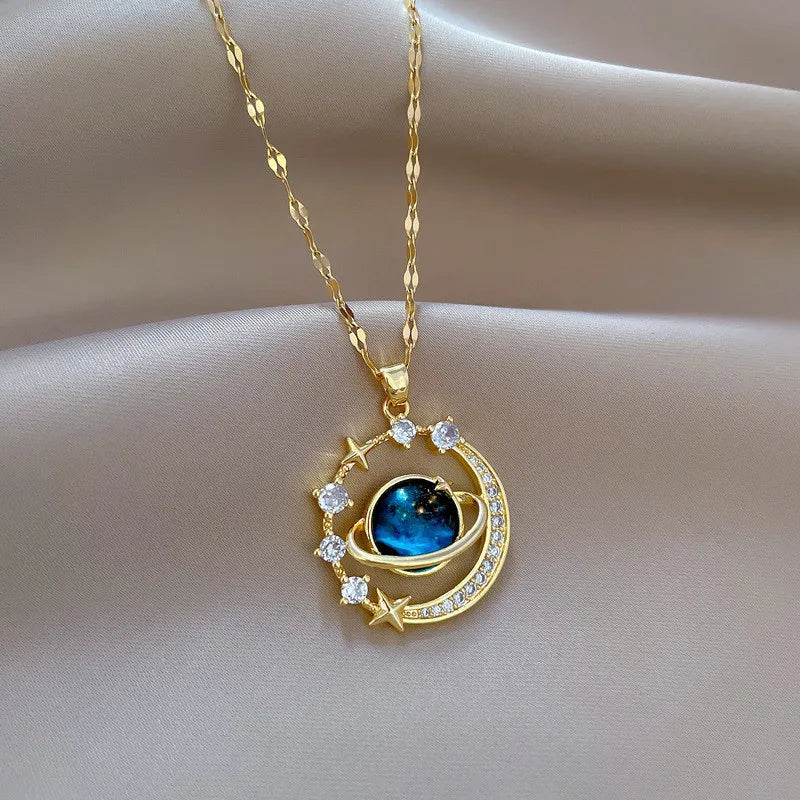 Zircon Planet Moon Pendant Necklace