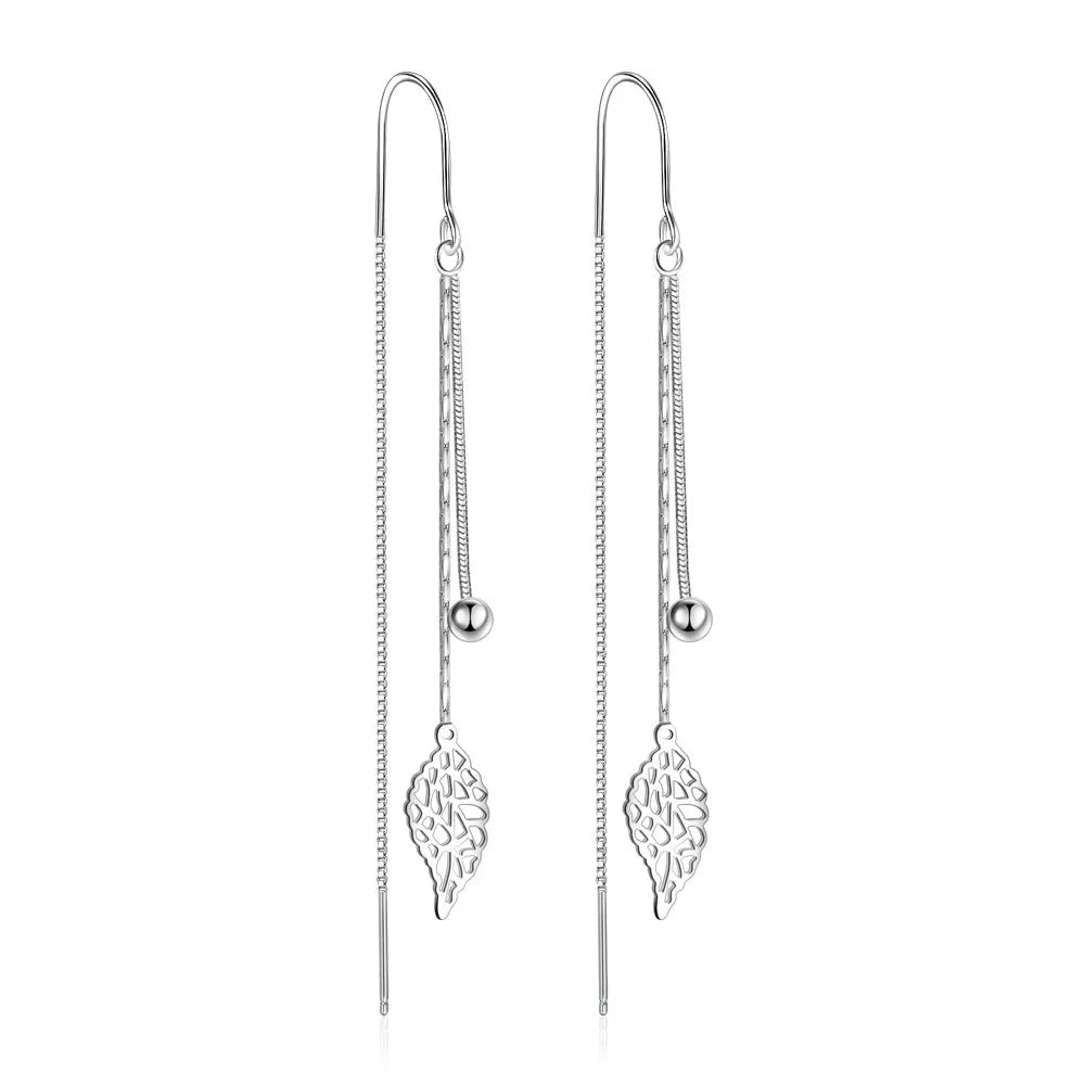 Silver Earrings  Leaf Tassel Long