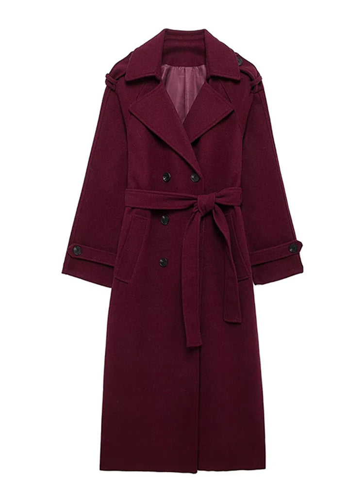 Burgundy Woolen Overcoat With Belt