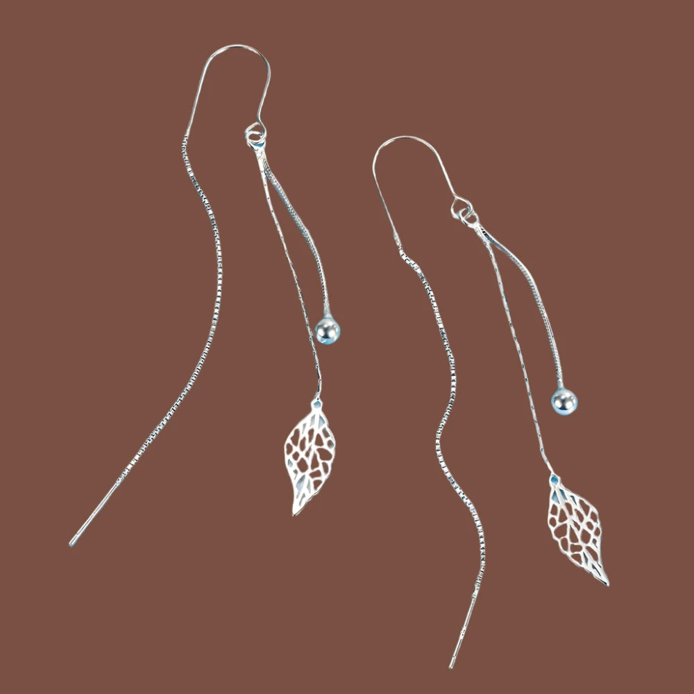 Silver Earrings  Leaf Tassel Long