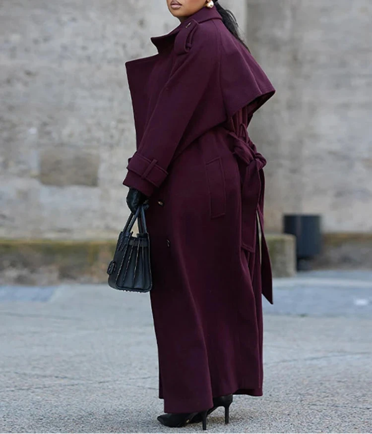 Burgundy Woolen Overcoat With Belt