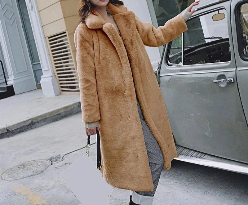 Long Faux Rabbit Fur Coat