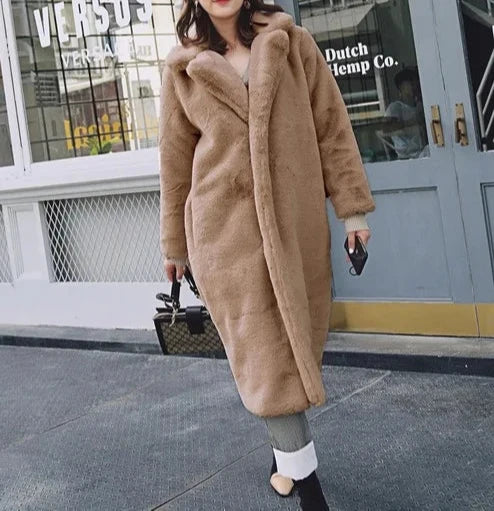 Long Faux Rabbit Fur Coat