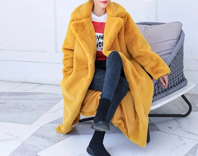 Long Faux Rabbit Fur Coat